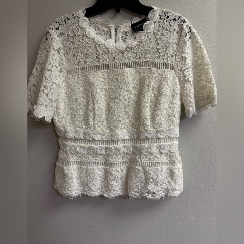 Bardot White Lace Short-Sleeve Peplum Blouse